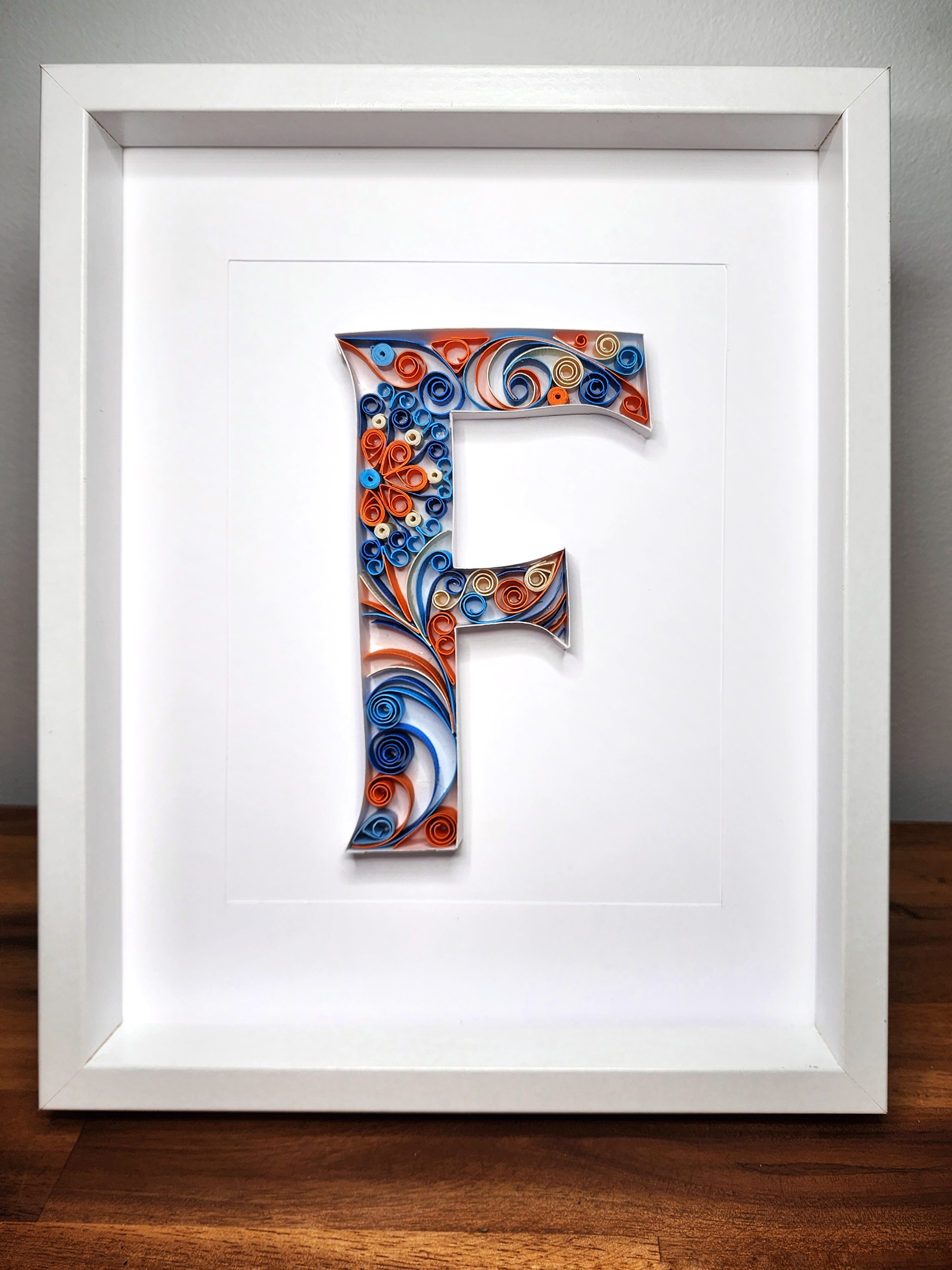 Quilled Letter F — Original, Blue & Orange