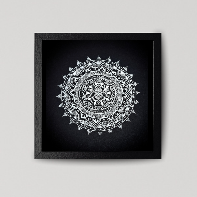 White on Black Mandala in frame